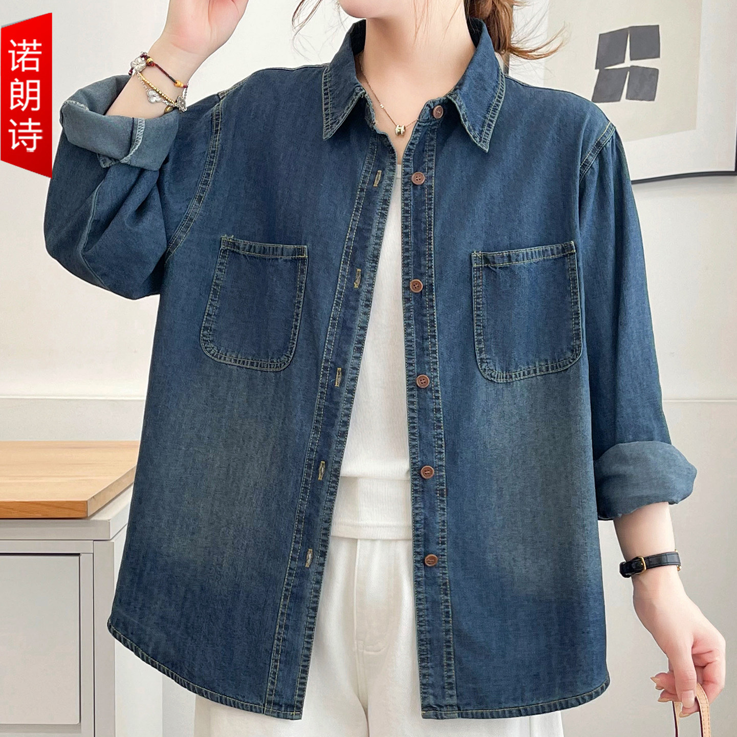 秋季复古大码女装200斤宽松慵懒风衬衫胖mm牛仔外套遮肉显瘦上衣