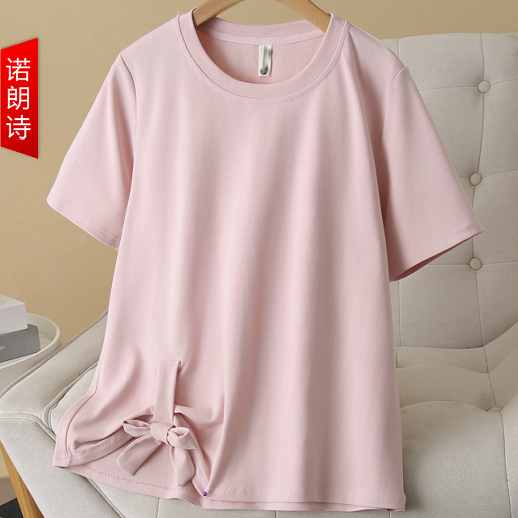 大码圆领粉色短袖蝴蝶结不规则T