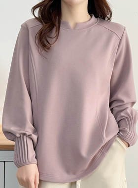 大码胖mm秋冬季纯色百搭打底衫圆领褶皱长袖T恤加绒加厚保暖上衣