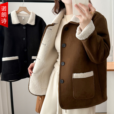 大码女装加绒加厚翻领撞色外套冬