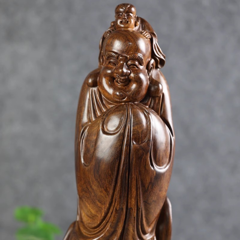 黄花梨人物摆件木雕弥勒童子戏佛