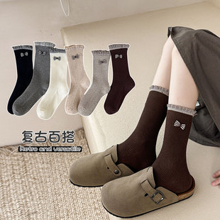 女童袜纯棉无骨童袜春秋季花边女孩中筒袜公主百搭纯色中大童袜子