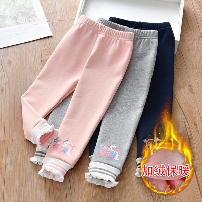 女童秋冬薄绒儿童裤子卡通打底裤