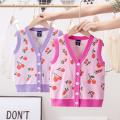 毛线儿童背心宝宝樱桃针织开衫 清仓女童马甲春秋外穿洋气新款 韩版