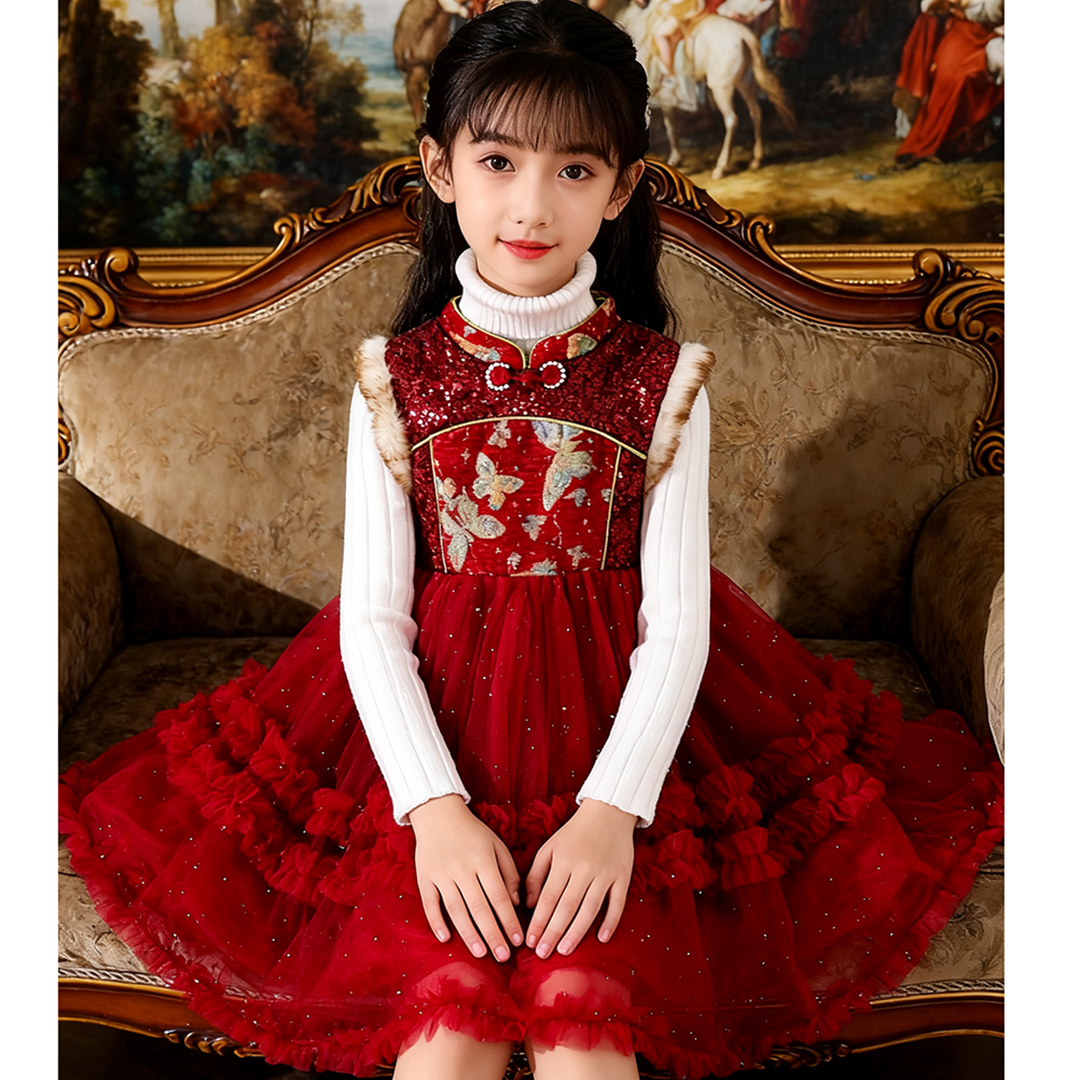 女童加绒旗袍裙女孩拜年款礼服裙