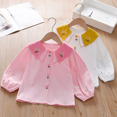 韩版 女孩洋气纯棉撞色领花边衬衣小女孩可爱衬衫 上衣 新款 女童春装