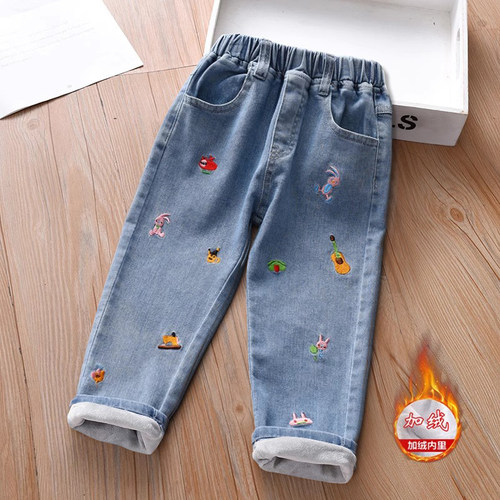 爱妮萌萌女童加绒牛仔裤加厚长裤
