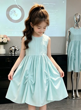 女大童纯棉连衣裙2026款女孩甜美夏款薄背心裙儿童蓝色休闲公主裙