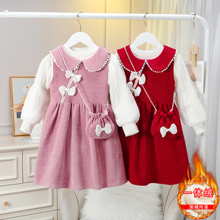 女童连衣裙秋冬季2026新款洋气蝴蝶结宝宝两件套儿童加绒公主裙子