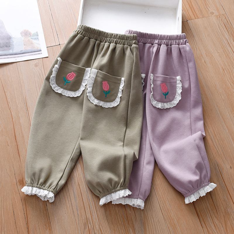 女童裤子春秋款纯棉花朵休闲长裤