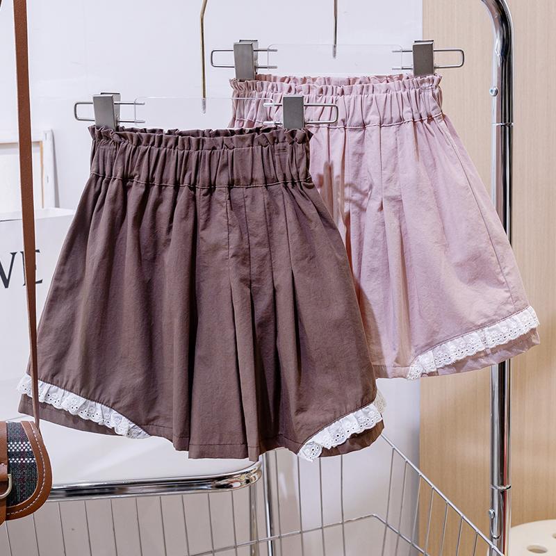 2025夏季新款女童纯棉透气花边裙裤儿童棉麻咖色短裤宝宝花苞裤子
