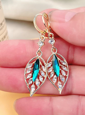 2023新款潮闪耀锆石绿色叶子日常百搭耳扣轻奢高级时尚气质耳环女