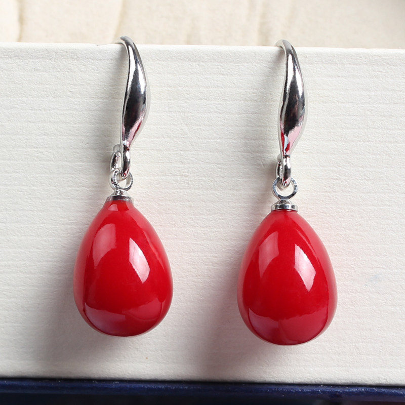 S925纯银珍珠耳环防过敏韩国长款大红色新娘耳坠女简约气质耳饰品