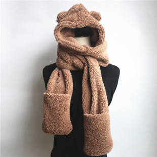 jennie帽子女冬季网红小熊连帽围巾手套一体式百搭可爱韩版