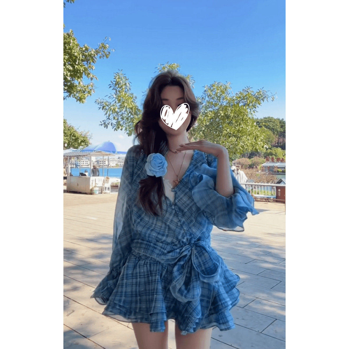 LOLA STYLE-法式气质女神春季新款海边度假风ins减龄格子连衣裙蓬