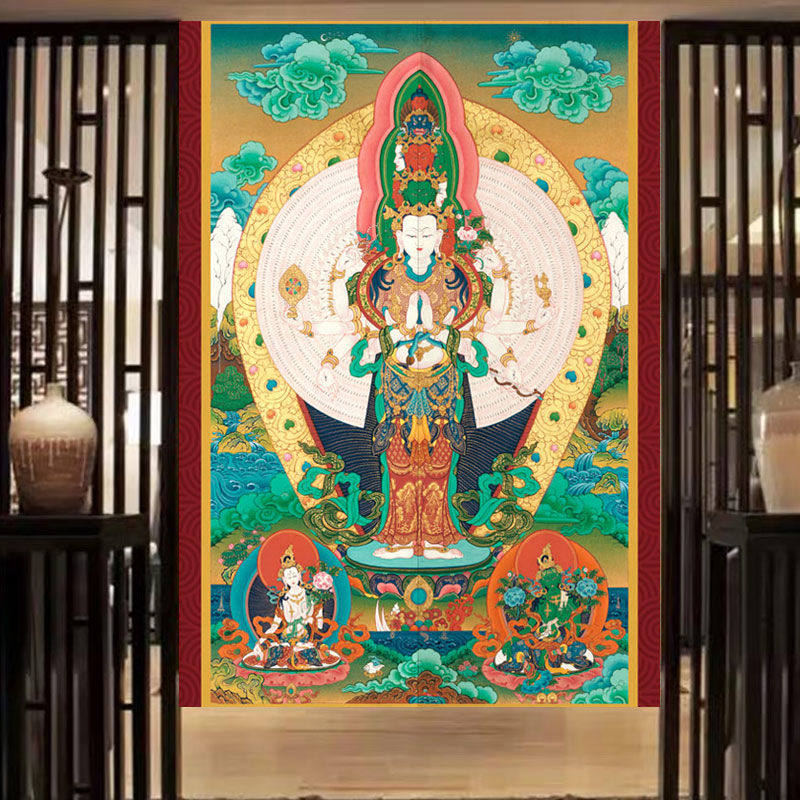 藏族布艺门帘隔断帘唐卡菩萨西藏棉麻挂毯挂帘风水帘中式民族装饰