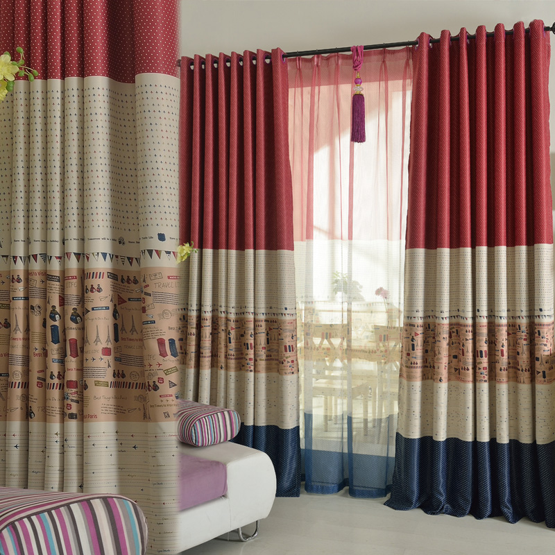 儿童房卡通遮光窗帘双面地中海美式卧室飘窗定制特价处理红蓝英伦
