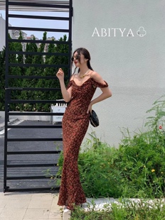 ABITYA复古碎花长款吊带连衣裙女夏性感鱼尾裙显瘦法式渡假裙子