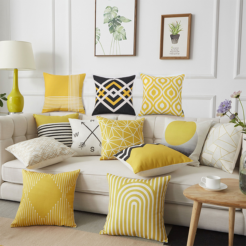 北欧风现代棉麻黄色卧室抱枕套