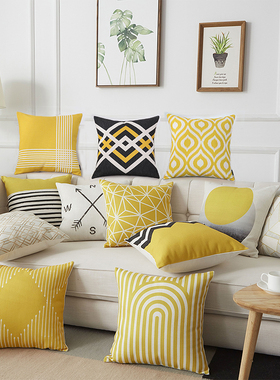 北欧沙发抱枕靠垫客厅现代棉麻黄色抱枕套办公室腰枕卧室床头靠枕