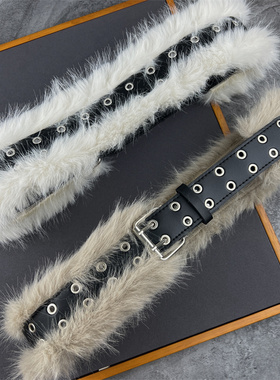 复古朋克千禧风免打孔皮带女时尚个性y2k辣妹毛毛拼接腰带配饰潮