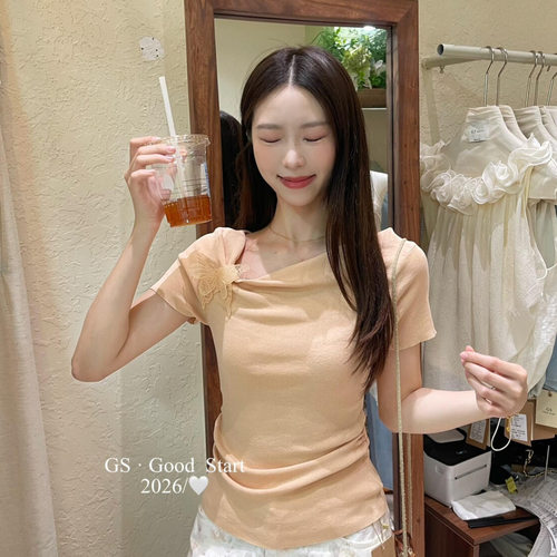 GS.GOOD START 夏季温柔风简约气质不规则领口短袖针织衫女D1170