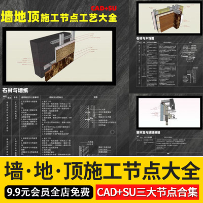 墙顶地天花吊顶石膏板室内CAD三大节点合辑含施工说明SU模型模块