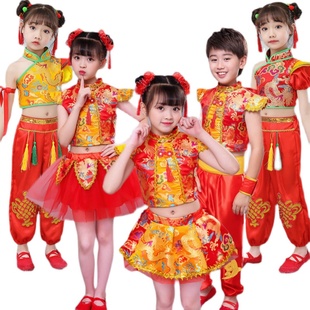 儿童说唱中国红民族风喜庆演出服开门红灯笼舞蹈打鼓腰鼓表演服装