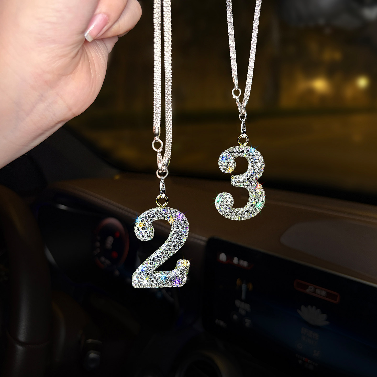 创意镶钻阿拉伯数字汽车挂件高级感水钻幸运数字车内后视镜挂饰女,汽车用品/电子/清洗/改装,车挂,淘宝优惠券,粉丝福利购,淘宝优惠卷