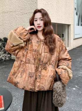 中老年国风印花毛毛拼接羽绒服女冬季保暖外套质感感法式修身修身