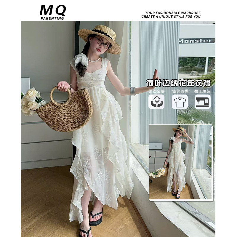 女童公主裙夏季无袖中长裙白色荷叶边连衣裙儿童夏装