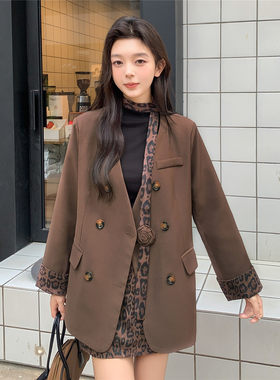 咖色豹纹飘带西装外套短裙两件套女秋季紧身感贵气套装修身时尚时