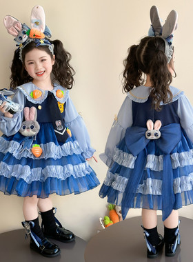洛丽塔风女童连衣裙长袖娃娃领卡通兔子蛋糕裙中长裙蓝色