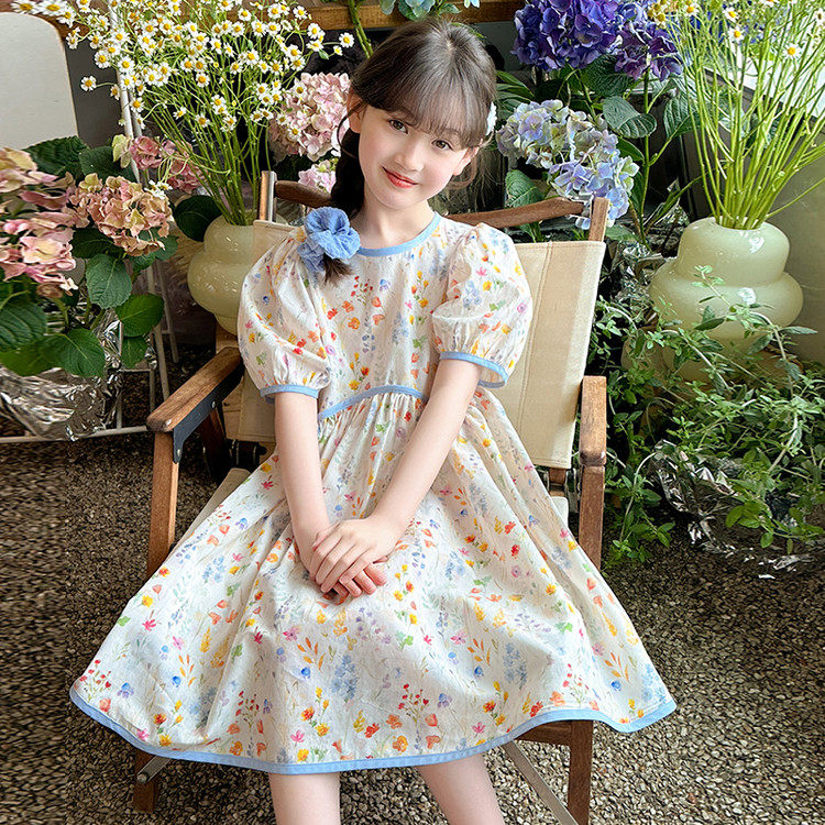 女童夏季公主裙白色泡泡袖碎花连衣裙收腰长裙可爱甜美