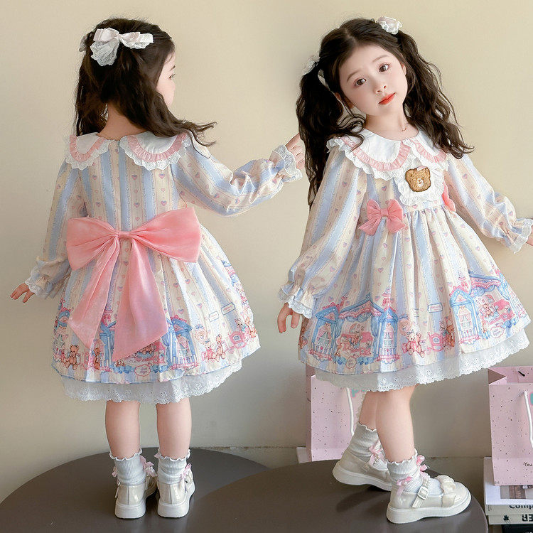 洛丽塔女童连衣裙秋冬长袖娃娃领卡通蝴蝶结公主裙中裙