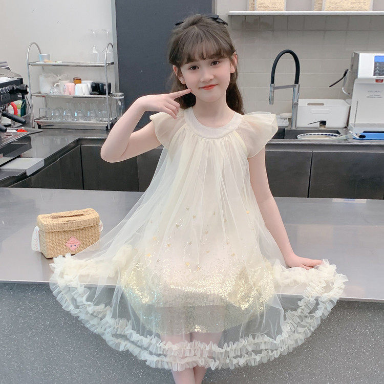 女童公主裙夏季无袖纱网拼接中长裙白色蓬蓬连衣裙