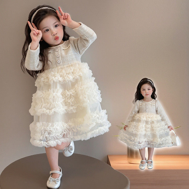 女童公主风长袖连衣裙春秋白色纱网蛋糕裙中长裙