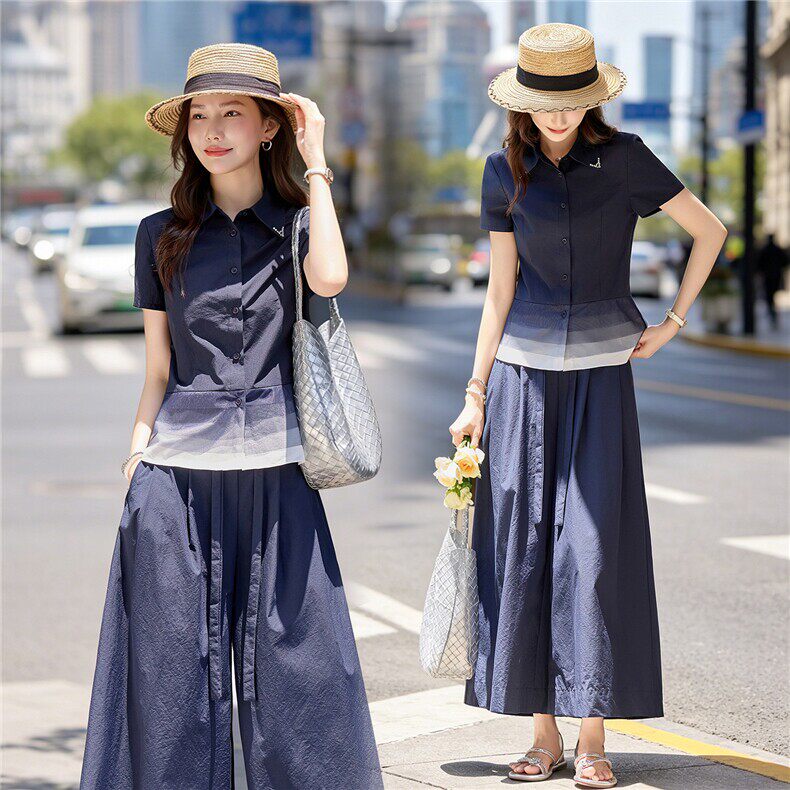 夏季女洋气显瘦短袖阔腿裤套装