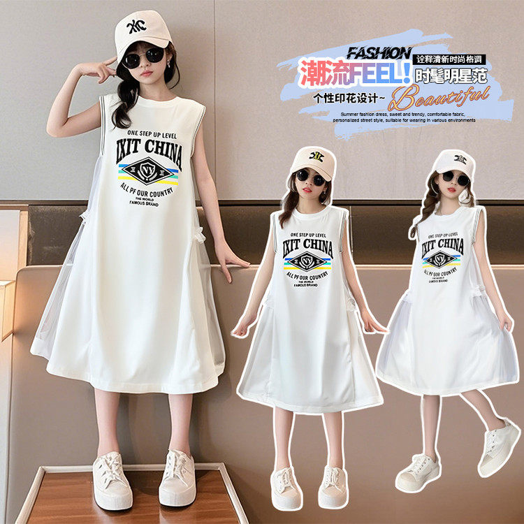 女童无袖字母印花连衣裙夏季中长裙白色公主裙