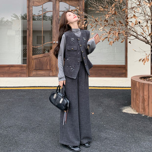 小个子马甲两件套女秋季灰色阔腿裤套装法式独特显瘦感复古紧身简