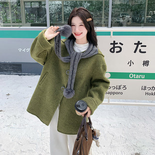 修身韩系风针织连帽毛呢外套女绿色中长款可脱卸围巾大衣时髦修身