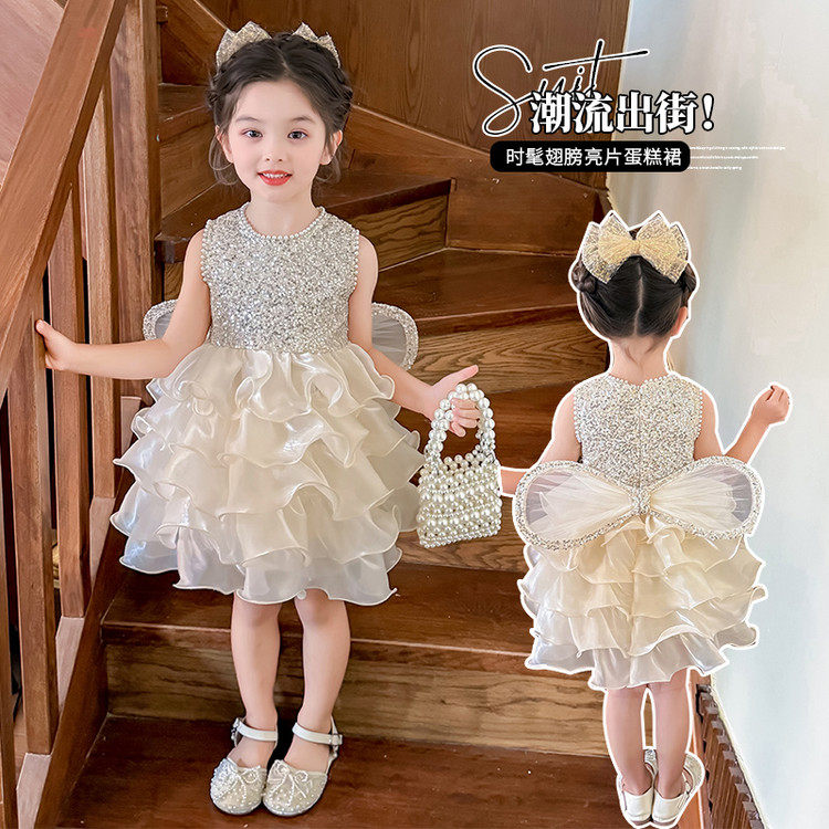 女童无袖亮片公主裙夏季薄款网纱蛋糕裙中裙蓬蓬裙