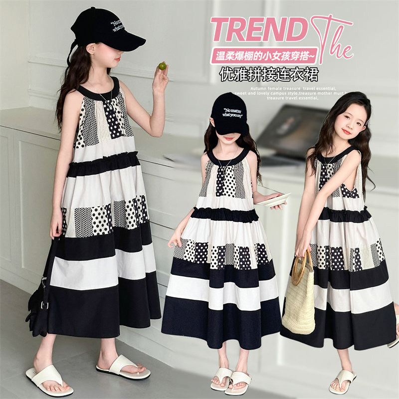 甜美无袖拼接连衣裙女夏季中长裙小个子洋气公主风裙子