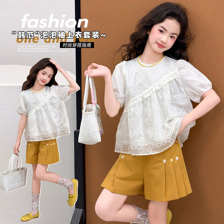 女童夏装波点娃娃衫套装洋气泡泡袖上衣短裤两件套