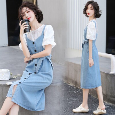 2026夏季新款泡泡袖衬衫牛仔背带裙两件套女显瘦气质套装法式高雅