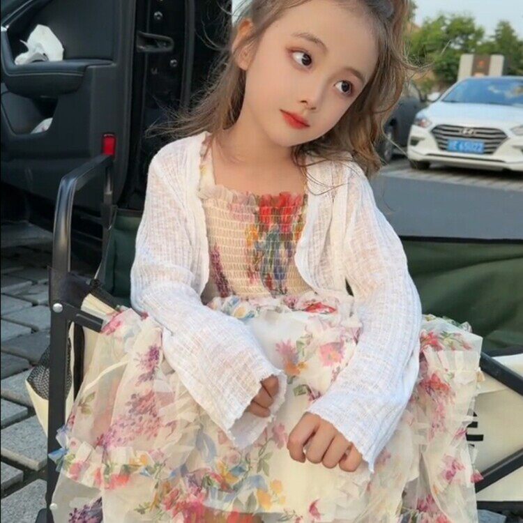 女童公主吊带碎花连衣裙夏季白色纱网拼接长裙儿童裙子