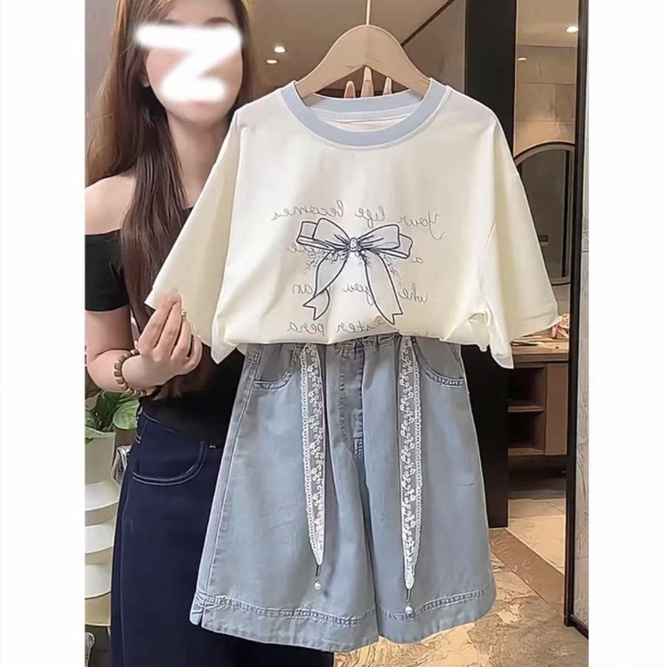 女童夏季卡通蝴蝶结T恤牛仔短裤两件套洋气时髦新款