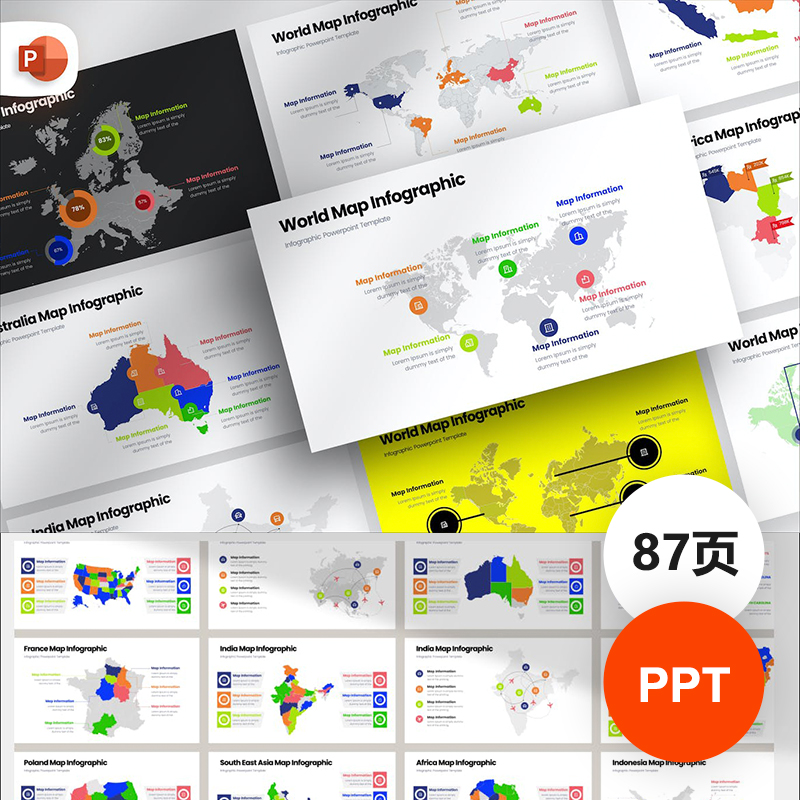 亚洲地图地标信息图数据统计分析可视化图形素材PPT模板