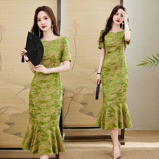 绿色高端提花国风连衣裙女修身 收腰鱼尾裙气质女人味