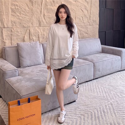 春季蕾丝拼接长袖牛仔短裤两件套
